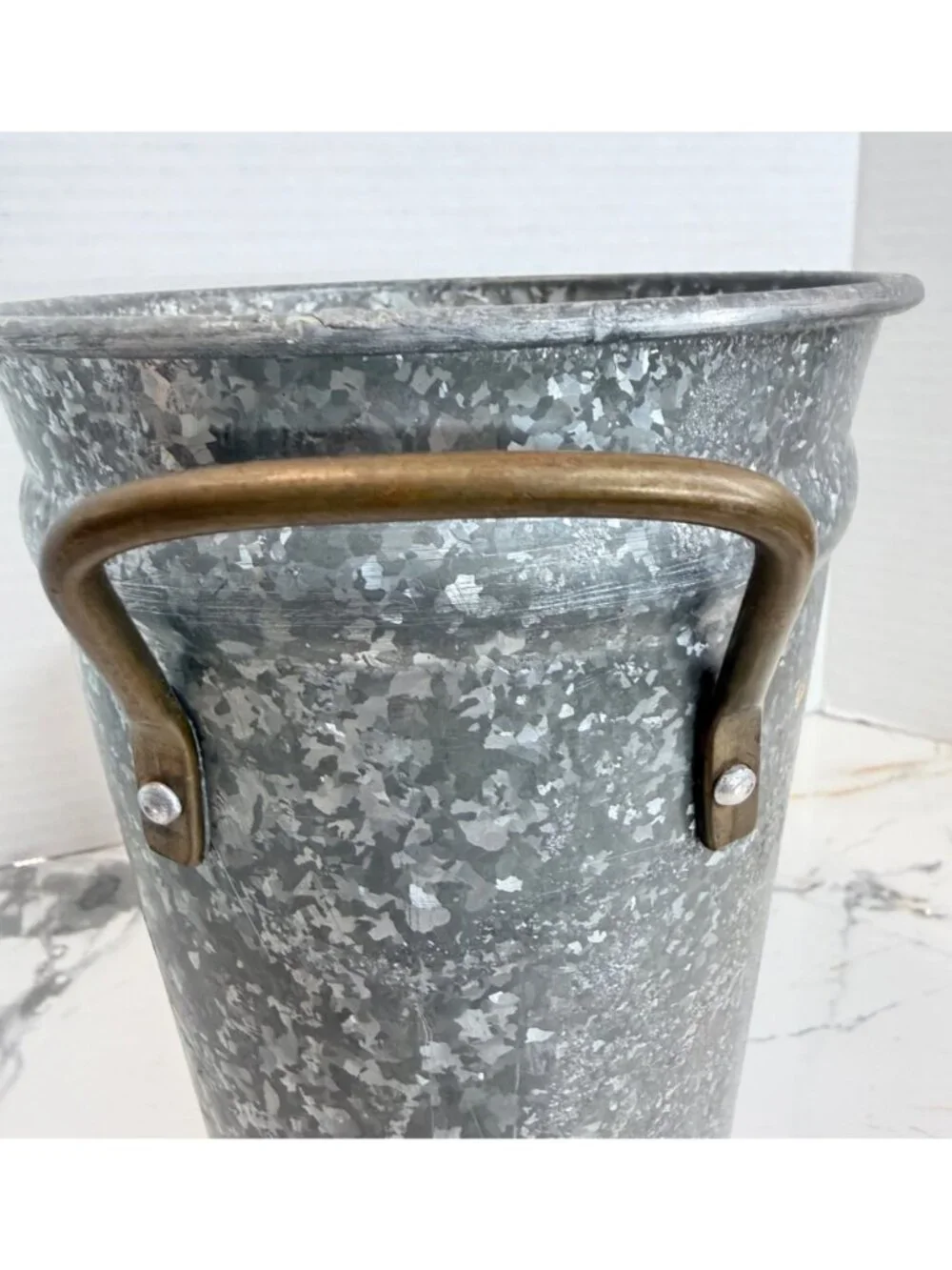 Vintage Galvanized French Flower Bucket Vase Brass Handles Rim Made in Slovakia